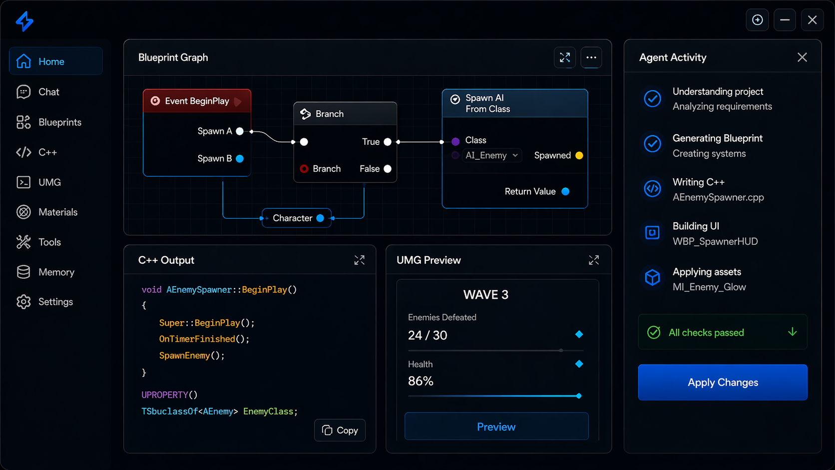 SaberAI console preview for Unreal Engine project work